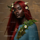 Elegant Portrait of a Woman with Flowing Red Hair and Botanical Accessories