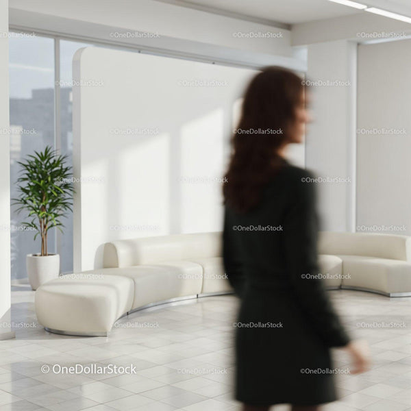 Blurry woman walking in modern bright office lobby JPG Mockup Image