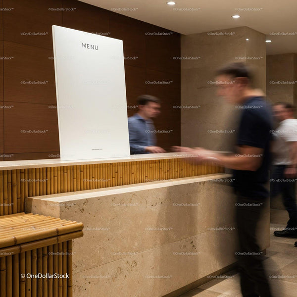 Modern reception desk with blurred people in motion JPG Mockup Image