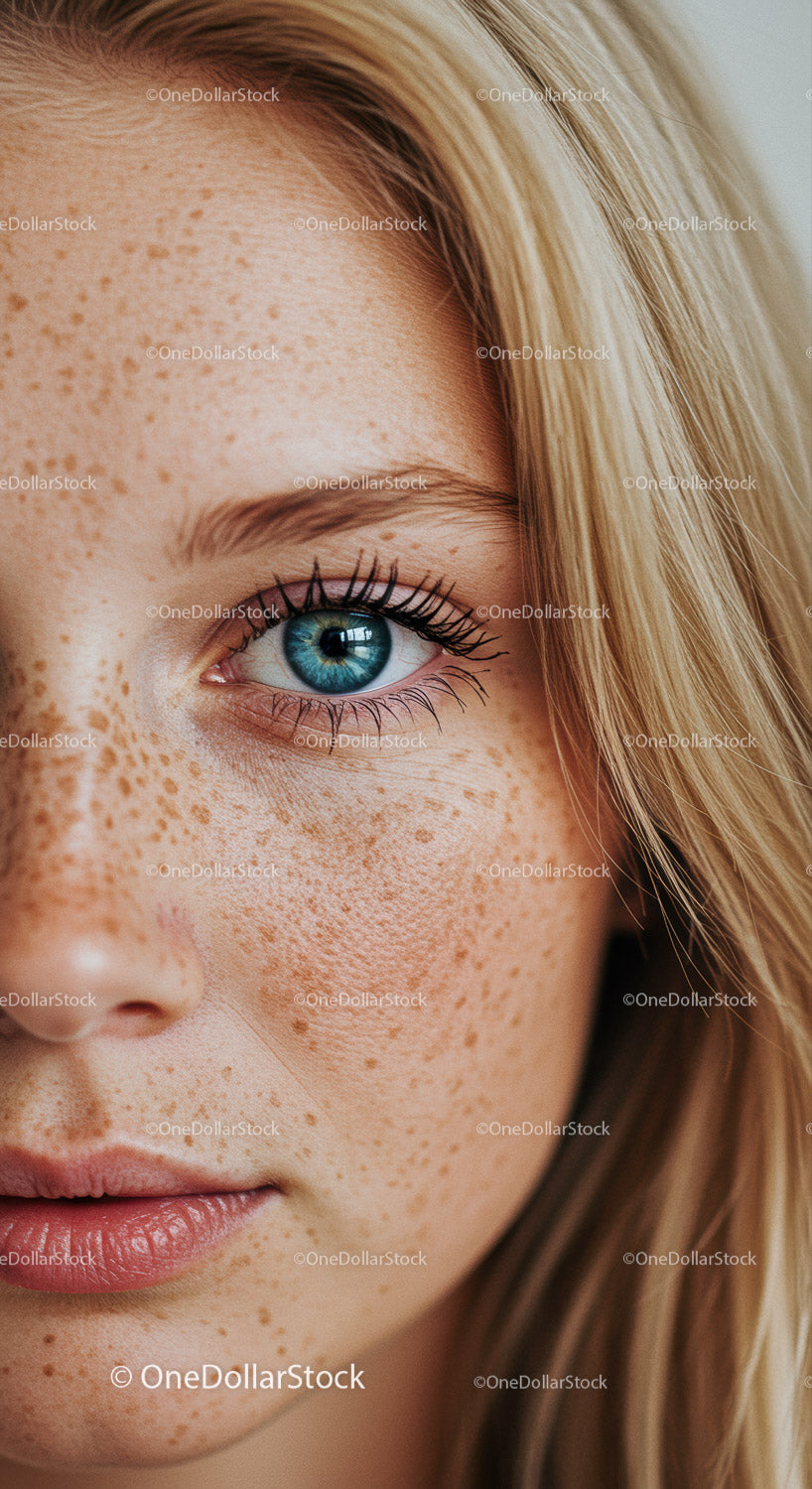 Close up of freckled woman with striking blue eye