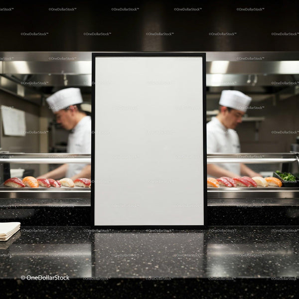 Blank menu board in sushi restaurant kitchen setting JPG Mockup Image