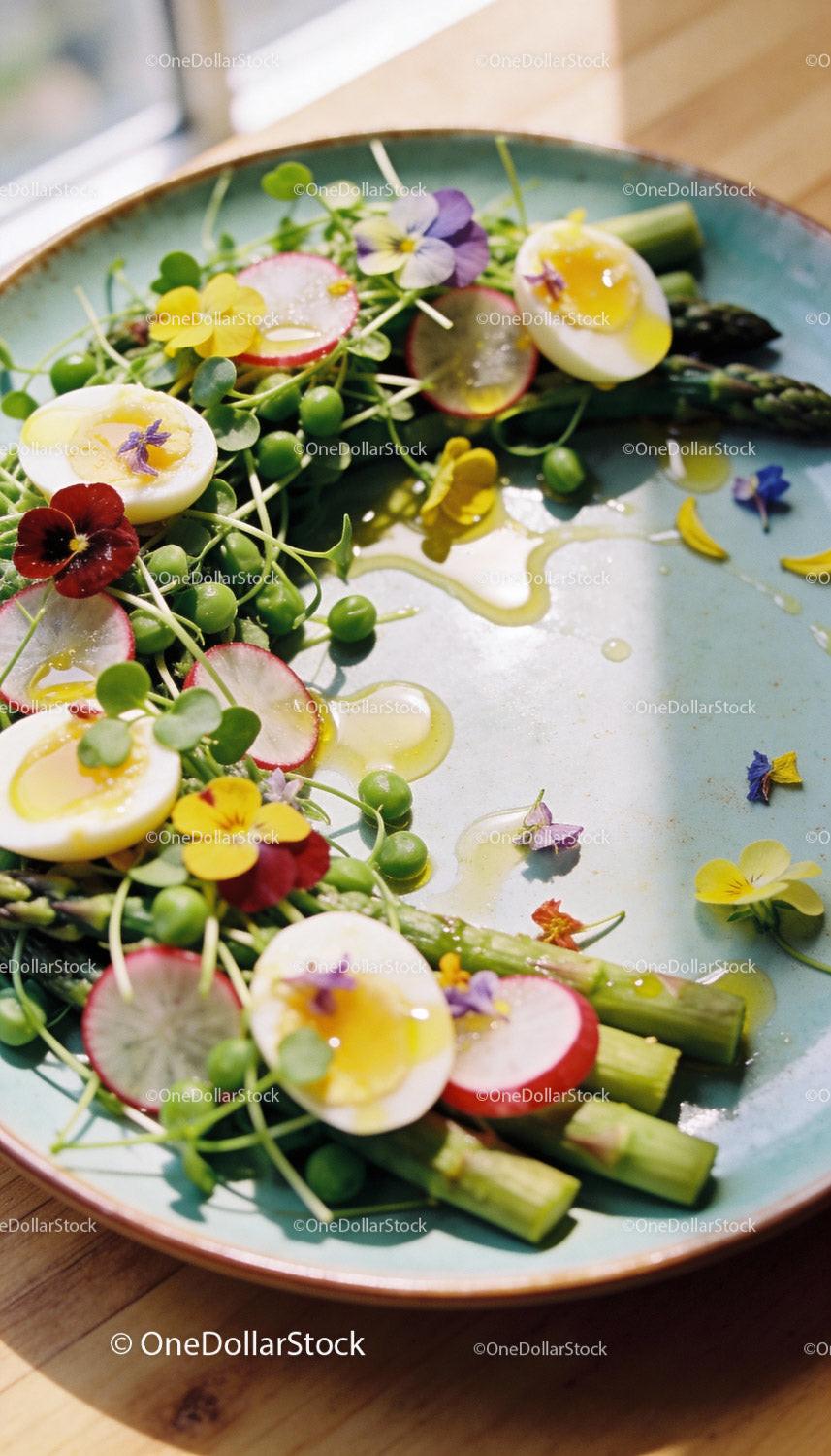 Fresh asparagus salad with soft boiled eggs and edible flowers