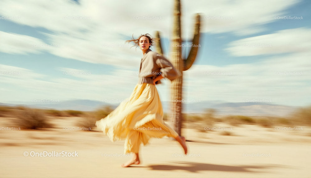 Woman Running in a Desert Landscape with Cacti (17 Images)