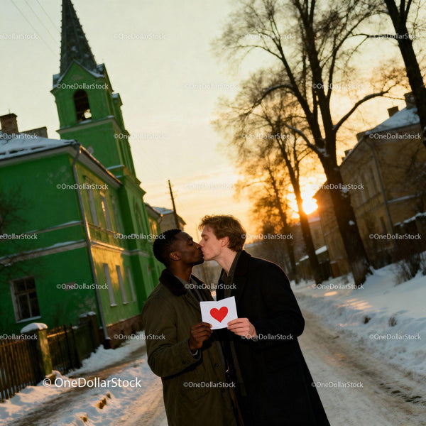Couple sharing a tender kiss with heart card at sunset
