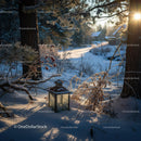 Rustic lantern glowing on snowy forest floor at sunset