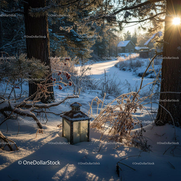 Rustic lantern glowing on snowy forest floor at sunset