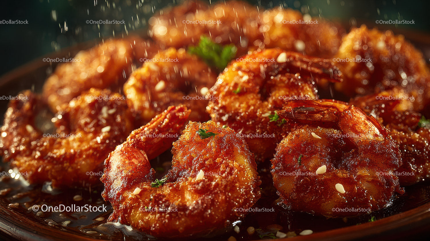 Crispy Glazed Shrimp with Sesame Seeds and Fresh Herbs