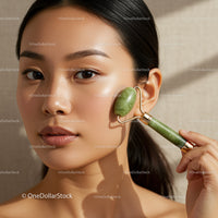 Asian Woman Using Jade Roller for Facial Skincare Therapy