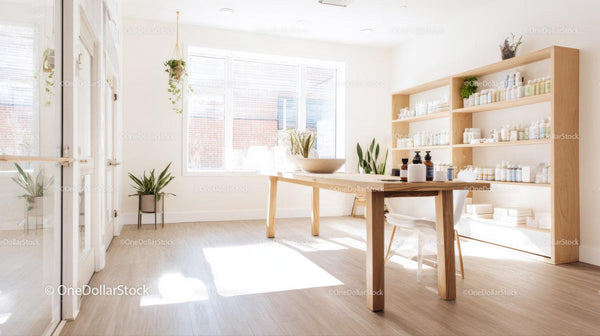 Modern Pharmacy Interior with Wooden Shelves and Natural Light