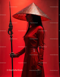 Elegant Woman in Red Dress with Accessories Against Red Background