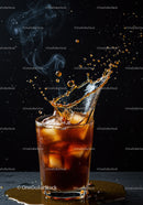 Iced coffee splashing with steam on dark background