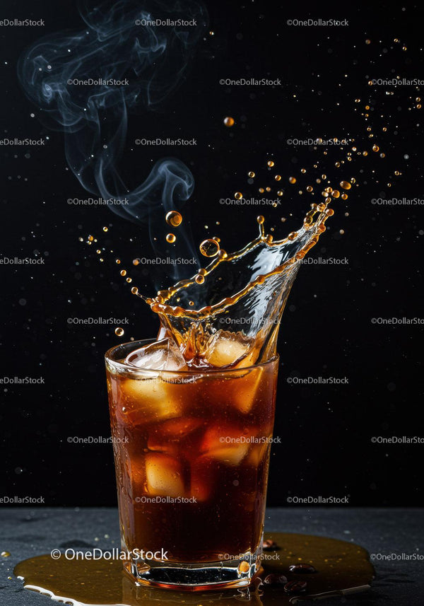 Iced coffee splashing with steam on dark background