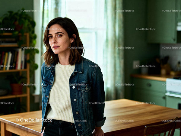 Young woman with freckles in cozy home interior