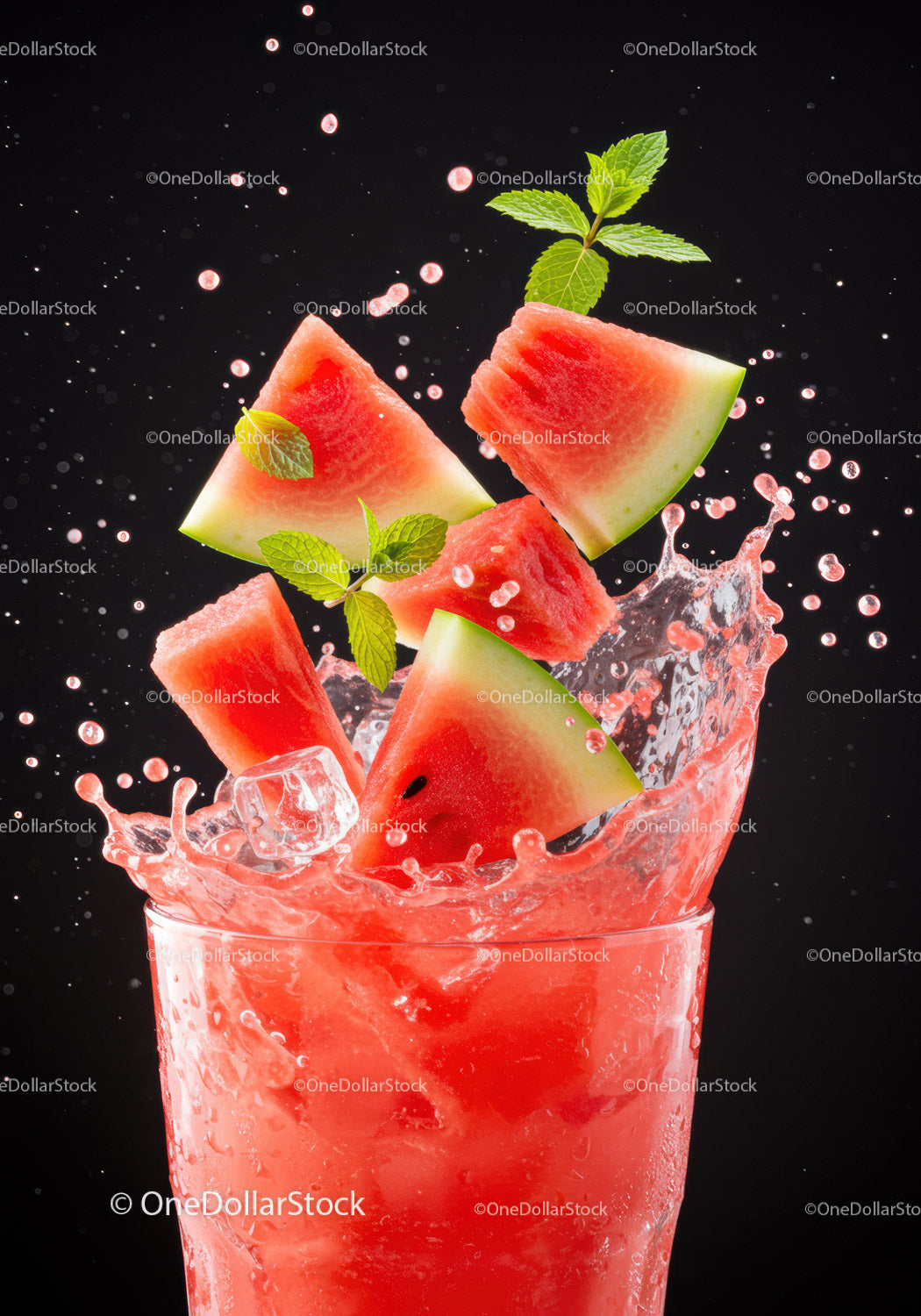 Refreshing watermelon juice splash with fresh mint leaves