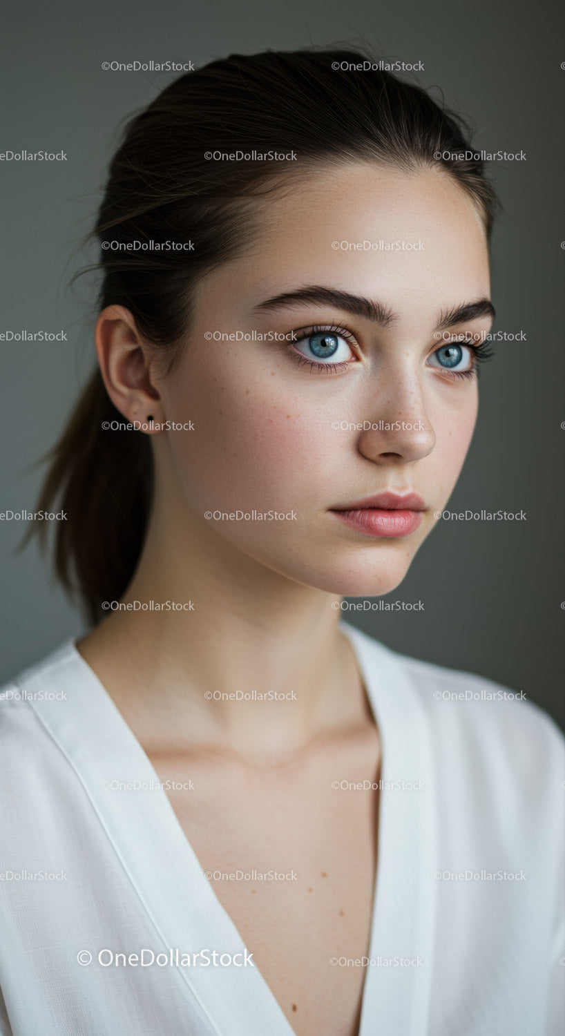 Elegancki portret młodej kobiety z jasnoniebieskimi oczami i naturalnym makijażem