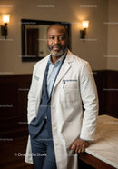 Professional Male Doctor in White Coat Standing in Modern Healthcare Facility