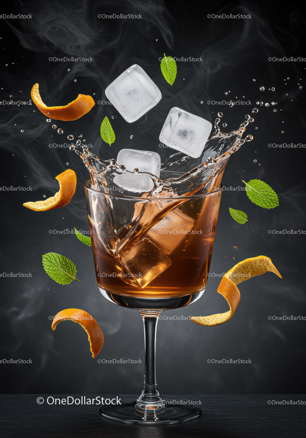 Refreshing cocktail with ice and citrus peel splash