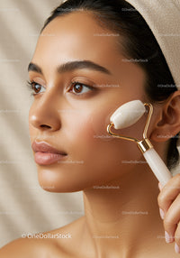 Beauty woman with facial roller relaxing skincare treatment
