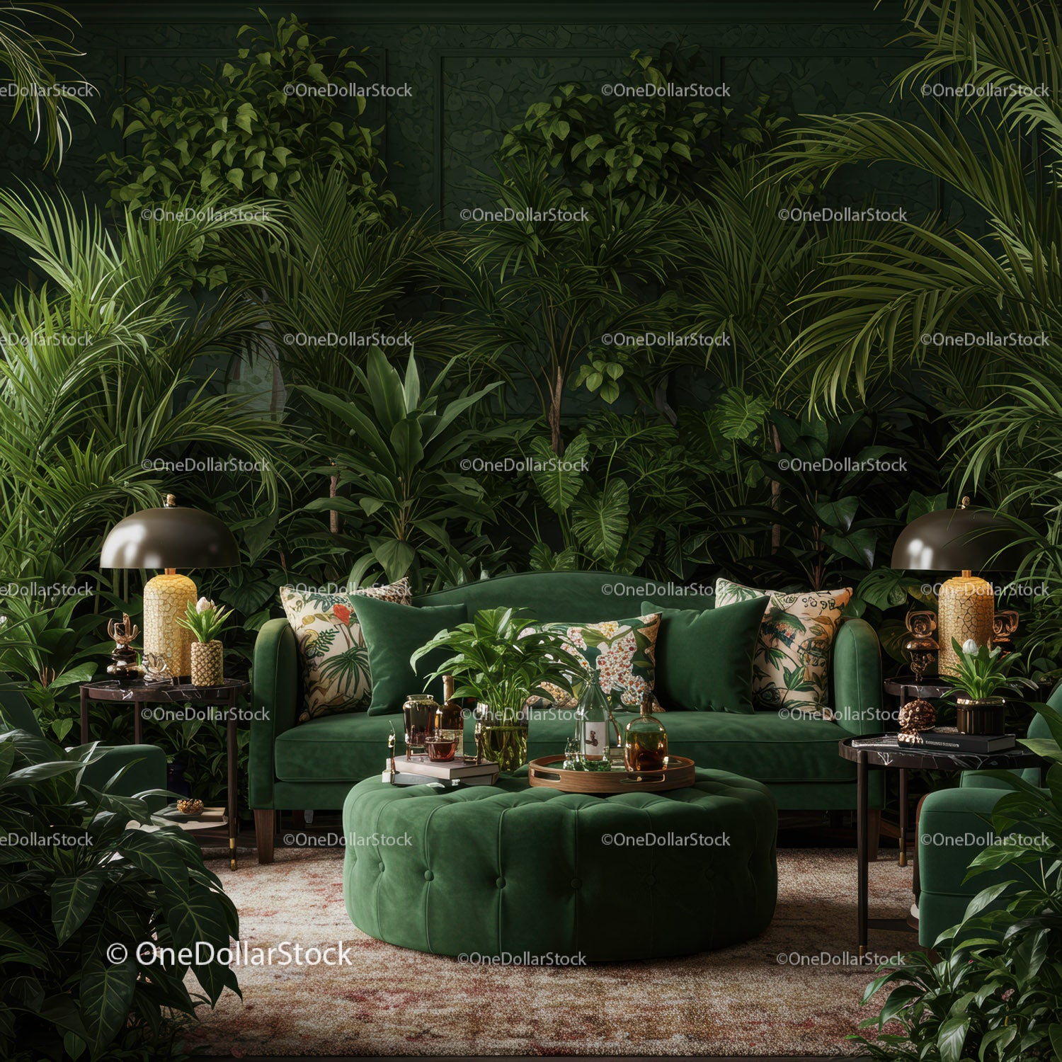 Cozy living room with lush green plants and velvet couch