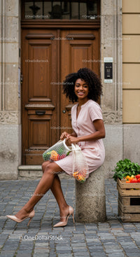 Smiling woman sitting with fresh groceries outdoors