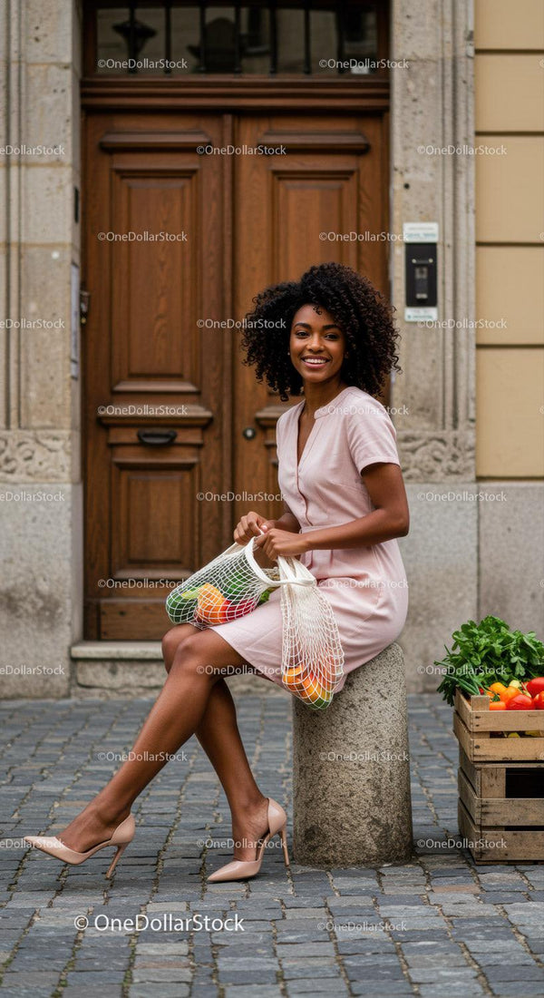 Smiling woman sitting with fresh groceries outdoors