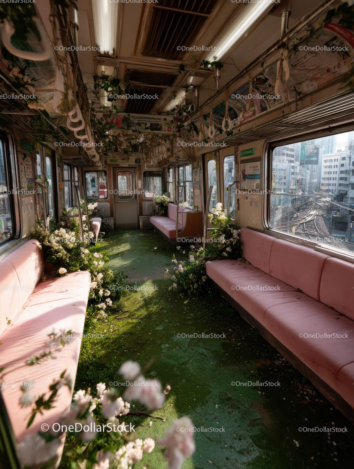 Abandoned Train Car Interior with Overgrown Greenery and Floral Decorations
