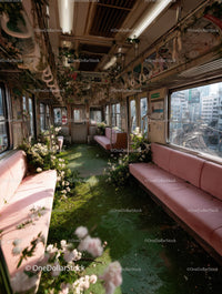 Abandoned Train Car Interior with Overgrown Greenery and Floral Decorations