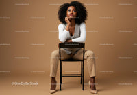 Stylish Confident Woman Sitting on Chair in Modern Studio