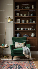 Cozy green armchair with decorative pillow and blanket