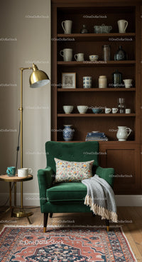 Cozy green armchair with decorative pillow and blanket