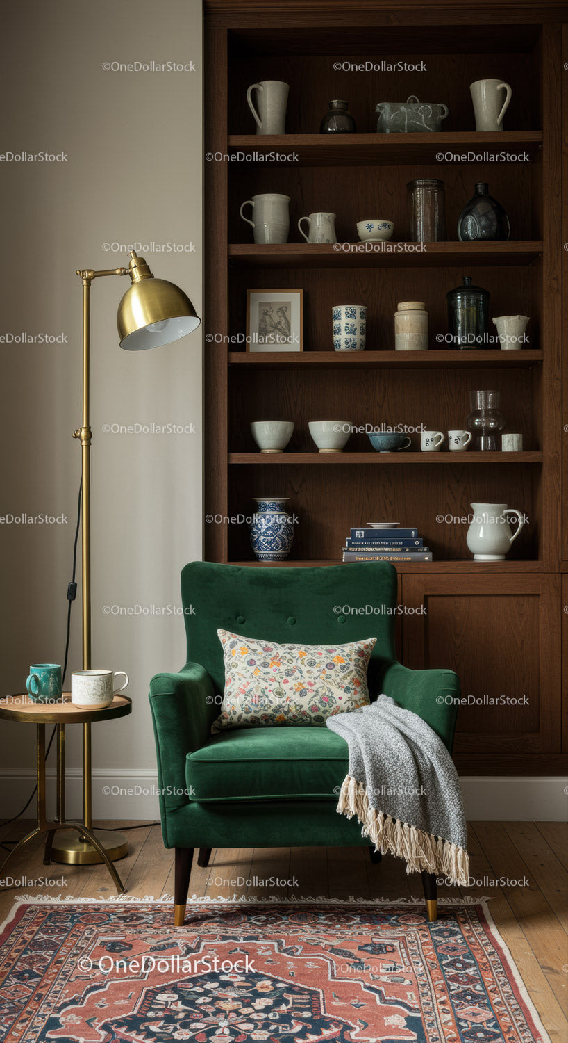 Cozy green armchair with decorative pillow and blanket