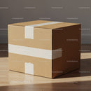 Sealed cardboard box on wooden floor in warm light