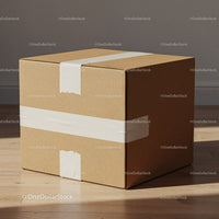 Sealed cardboard box on wooden floor in warm light