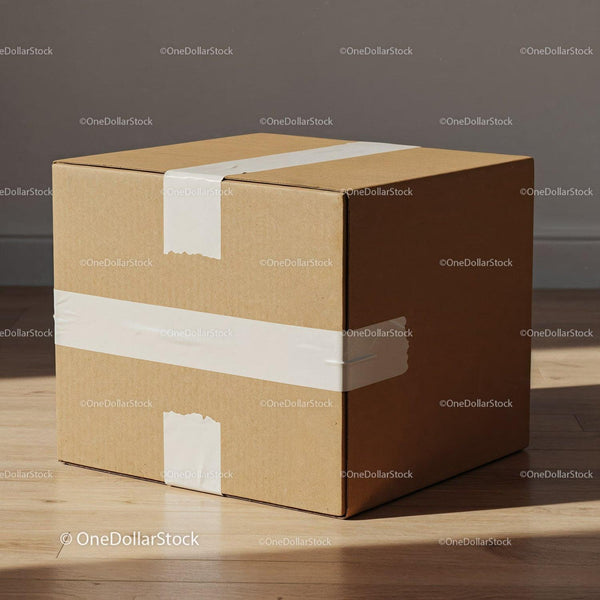 Sealed cardboard box on wooden floor in warm light JPG Mockup Image
