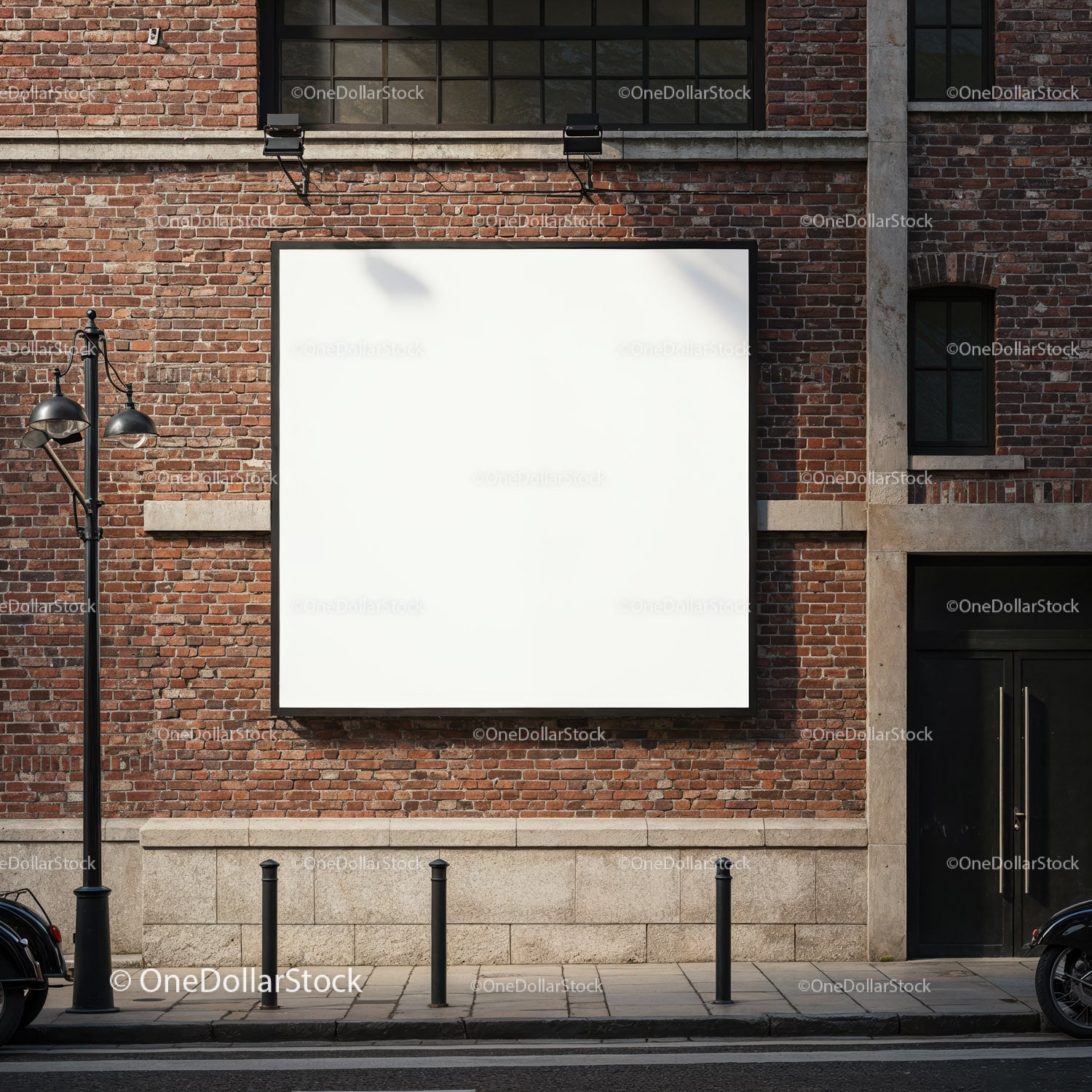 Blank billboard on urban brick wall facade