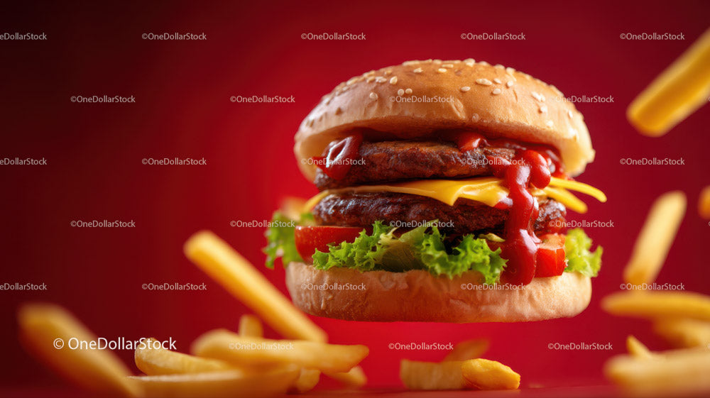 Juicy Cheeseburger with Fresh Vegetables and French Fries