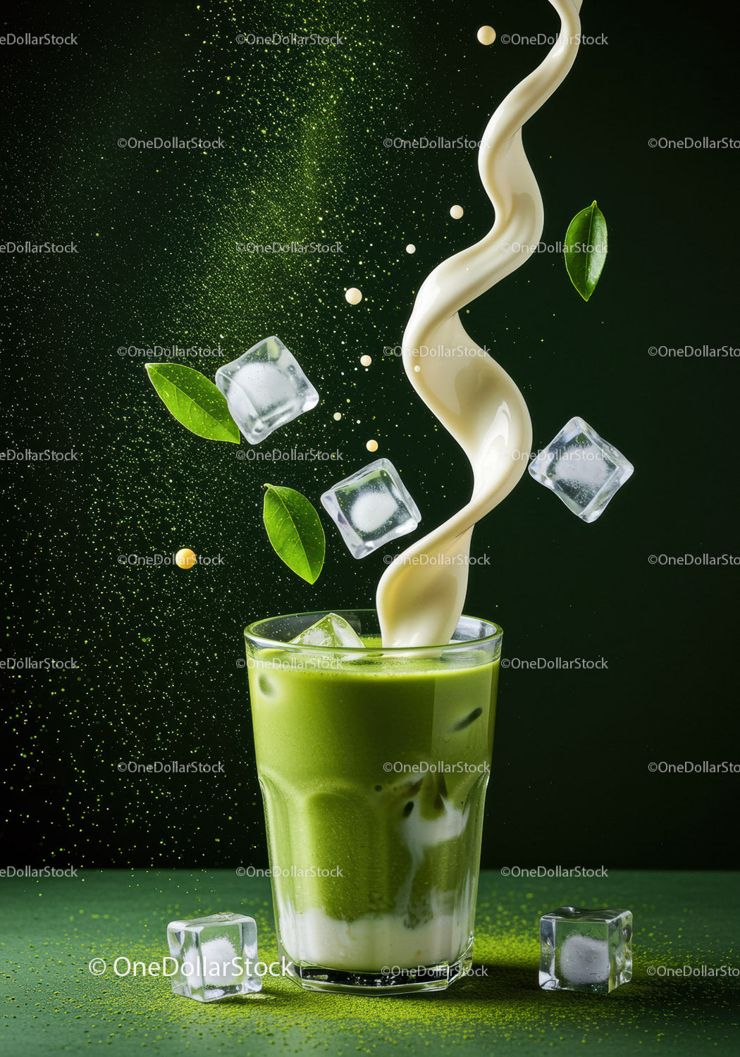 Cream Swirling Into Iced Green Matcha Latte