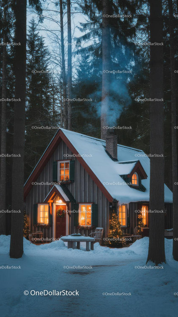Cozy Snowy Cabin with Warm Lights in Winter Forest