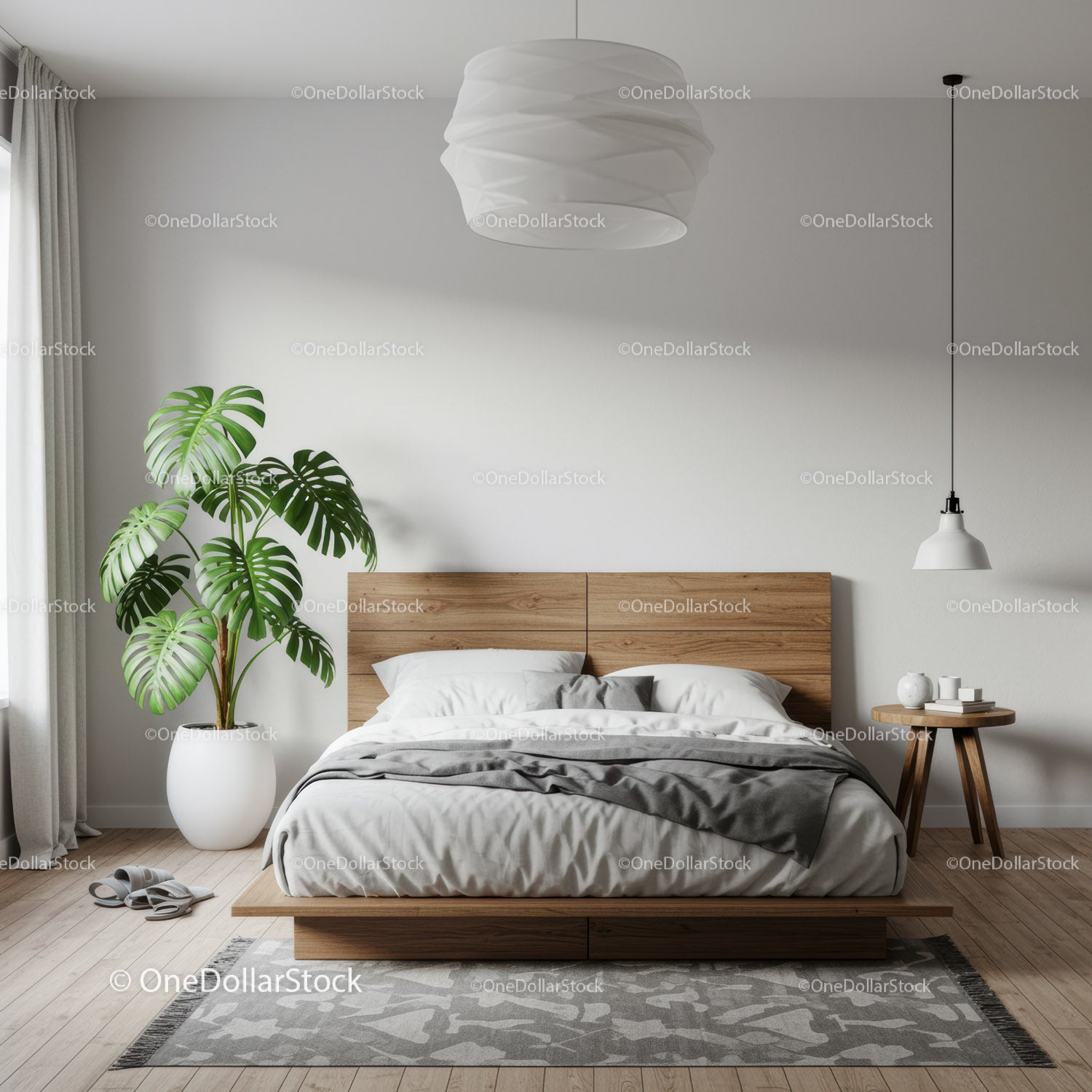 Nowoczesna minimalistyczna sypialnia z drewnianą ramą łóżka i zieloną rośliną doniczkową