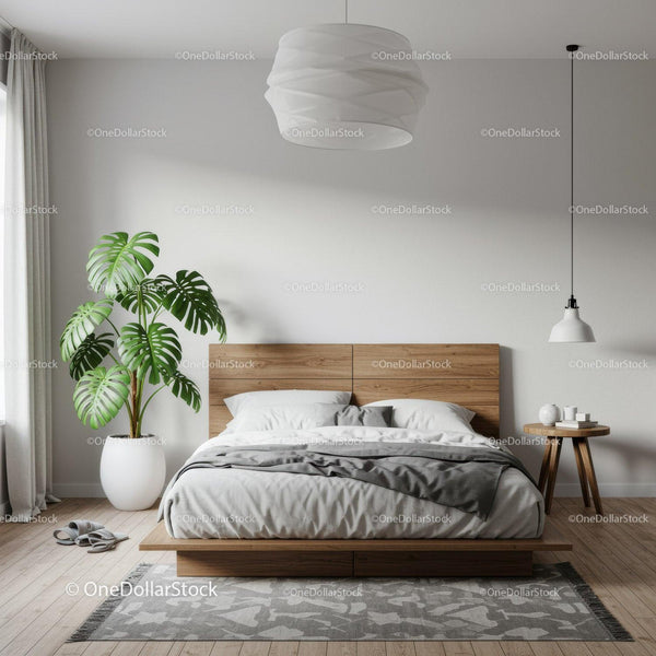 Modern Minimalist Bedroom with Wooden Bed Frame and Green Indoor Plant