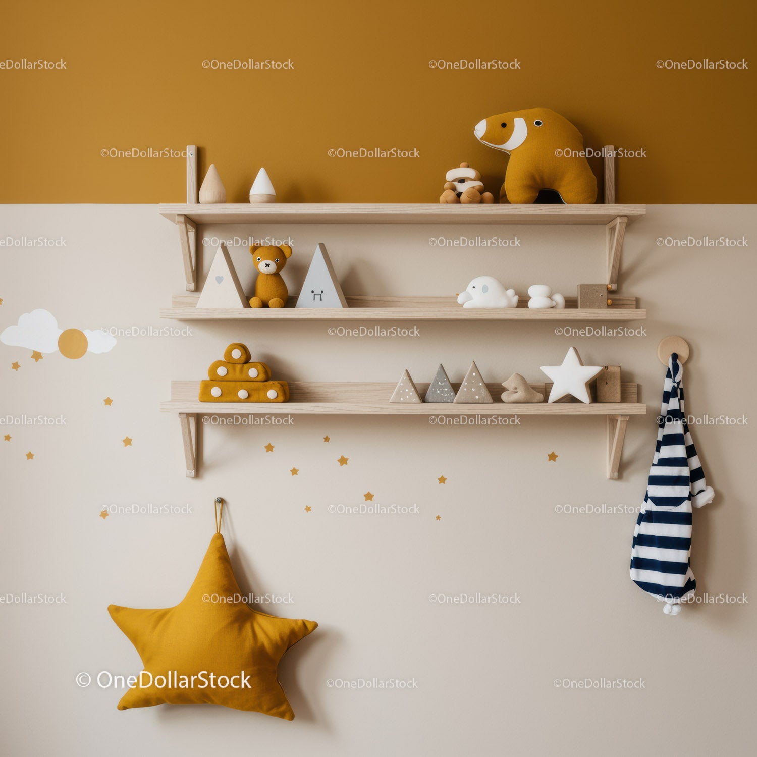 Colorful Kids Room Decor with Plush Toys and Wooden Shelves