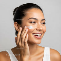 Elegant Woman Applying Facial Cream Demonstrating Skincare Routine
