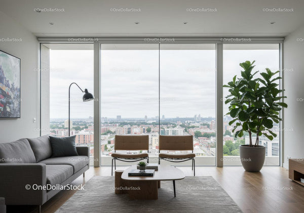 Modern Living Room with Large Windows and City View Featuring Indoor Plant