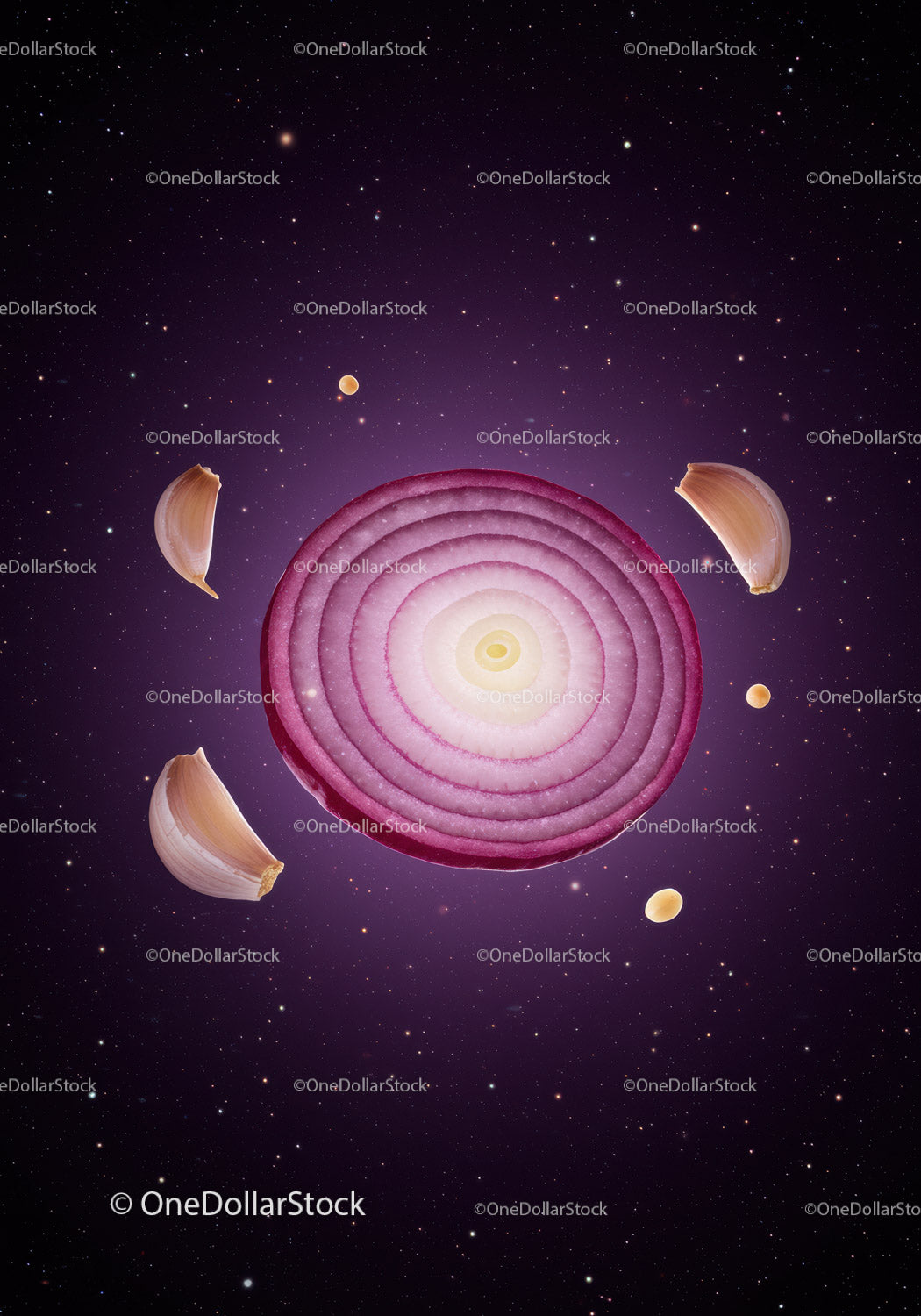 Sliced Red Onion and Garlic Cloves in Cosmic Space