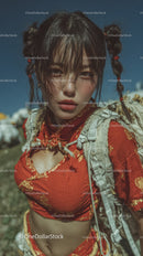 Young Woman Wearing Red Traditional Clothes in Outdoor Nature Setting