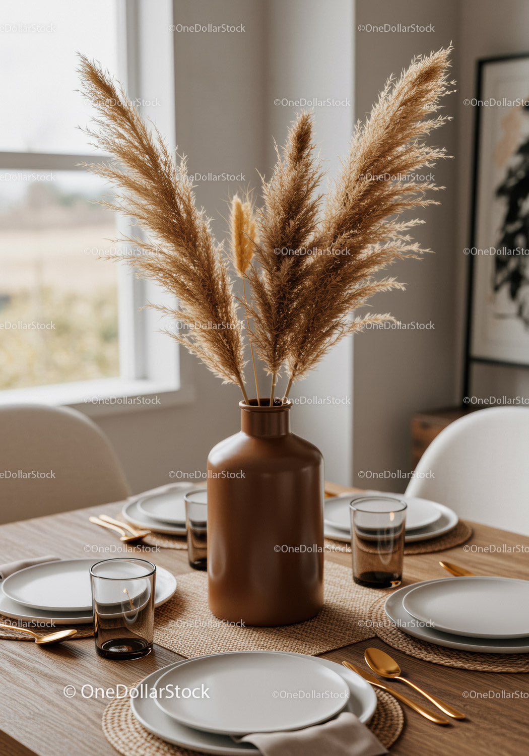 Elegant Dining Table Setup with Beige and Gold Accents for Modern Interior