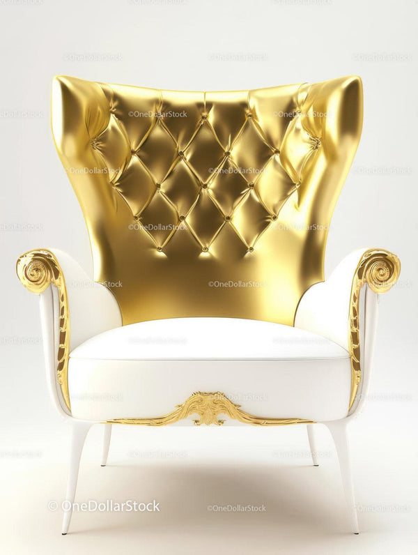 Elegant Gold Upholstered Throne Chair with Ornate Detailing
