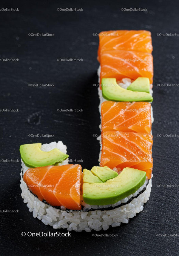 Sushi pieces shaped as letter J with salmon and avocado