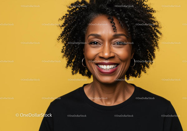 Happy Woman with Curly Hair and Bright Background