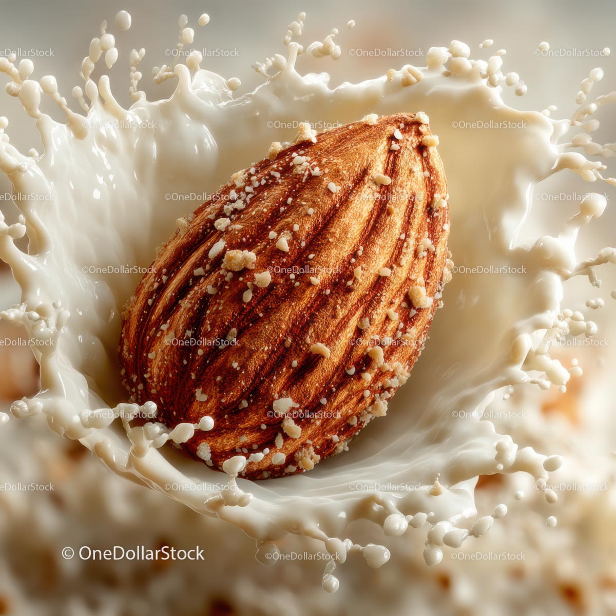 Almond Splashing in Fresh Milk on a Textured Background